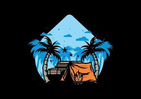 Camping tent in front of car between coconut tree illustration vector