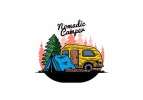 Teardrop camper and tent in front of pine tree illustration vector