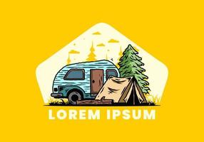 Teardrop camper and tent in front of pine tree illustration vector