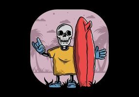 Little skull holding a surfing board illustration design vector