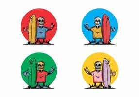 Little skull holding a surfing board illustration design vector