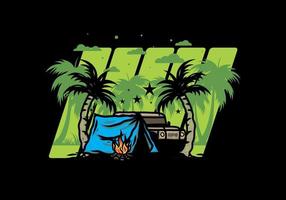 Camping tent in front of car between coconut tree illustration vector