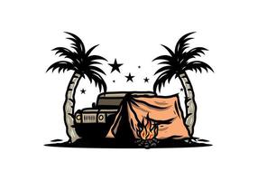 Camping tent in front of car between coconut tree illustration vector