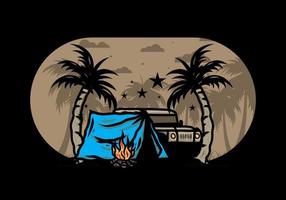 Camping tent in front of car between coconut tree illustration vector
