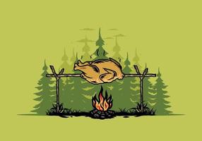 Grilling chicken over bonfire illustration design vector