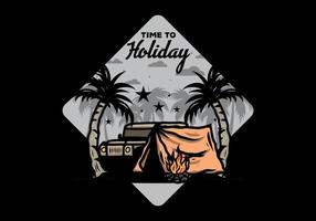 Camping tent in front of car between coconut tree illustration vector