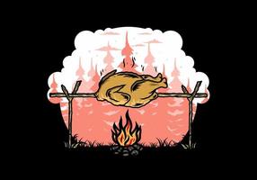 Grilling chicken over bonfire illustration design vector