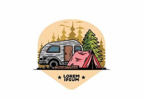 Teardrop camper and tent in front of pine tree illustration vector