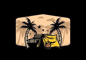 Camping tent in front of car between coconut tree illustration vector