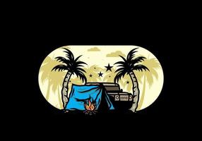 Camping tent in front of car between coconut tree illustration vector