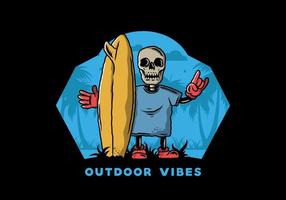 Little skull holding a surfing board illustration design vector