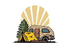 Teardrop camper and tent in front of pine tree illustration vector