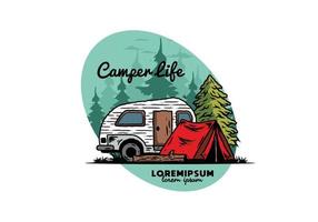 Teardrop camper and tent in front of pine tree illustration vector