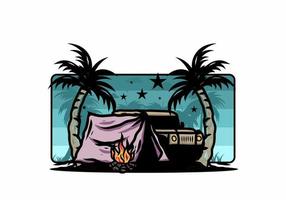 Camping tent in front of car between coconut tree illustration vector