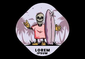 Little skull holding a surfing board illustration design vector