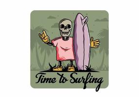 Little skull holding a surfing board illustration design vector