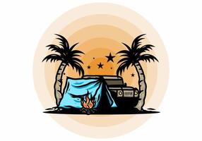 Camping tent in front of car between coconut tree illustration vector