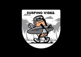 ilustración de una lata de bebida sosteniendo una tabla de surf vector