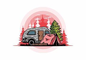 Teardrop camper and tent in front of pine tree illustration vector