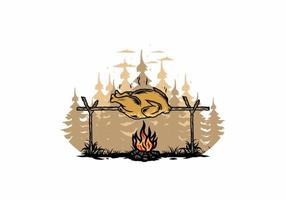 Grilling chicken over bonfire illustration design vector