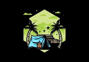 Camping tent in front of car between coconut tree illustration vector