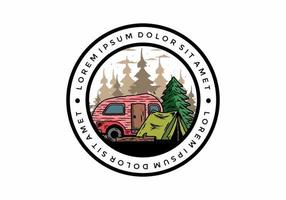 Teardrop camper and tent in front of pine tree illustration vector