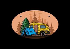 Teardrop camper and tent in front of pine tree illustration vector