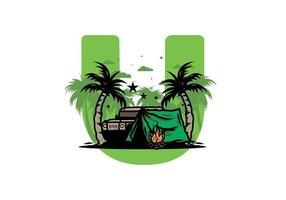 Camping tent in front of car between coconut tree illustration vector