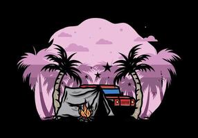 Camping tent in front of car between coconut tree illustration vector