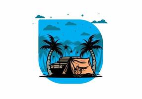 Camping tent in front of car between coconut tree illustration vector