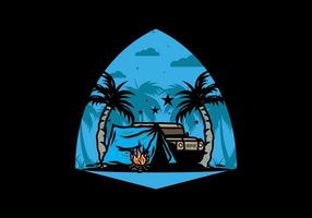 Camping tent in front of car between coconut tree illustration vector