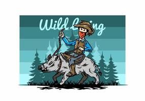 Man riding a wild boar illustration design vector