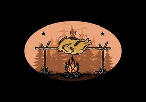 Grilling chicken over bonfire illustration design vector