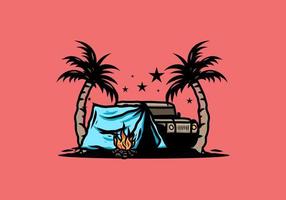 Camping tent in front of car between coconut tree illustration vector