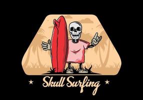 Little skull holding a surfing board illustration design vector