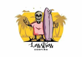 Little skull holding a surfing board illustration design vector