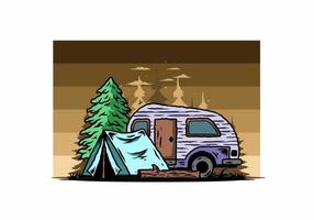 Teardrop camper and tent in front of pine tree illustration vector