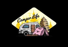 Teardrop camper and tent in front of pine tree illustration vector