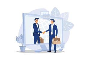 online conclusion of the transaction. the opening of a new startup. business handshake, via phone and laptop.  flat design modern illustration vector