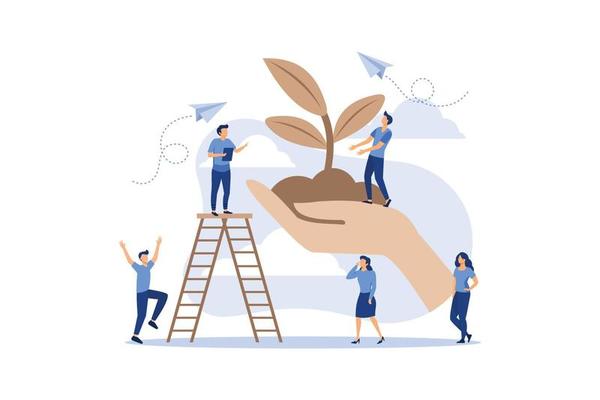 small people prepare for the holiday, save the planet from pollution, World Environment Day, Bio technology, in the big hand the earth with a plant flat vector design illustration
