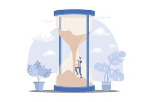 gestión del tiempo, desafío a superar para ser exitoso, administrar el control del tiempo, concepto de línea de tiempo de trabajo, empresario de confianza escalando arena que cae mientras el tiempo vuela en el reloj de arena o reloj de arena. vector