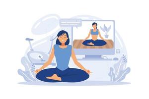 estudios de yoga que transmiten clases en línea. chica viendo tutoriales deportivos en línea en una computadora portátil y haciendo ejercicio en casa.
