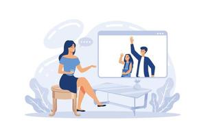Video call and group chat to family and friends on computer, vector cartoon illustration. Girl kid chatting and sending messages in video call to family, flat vector illustration
