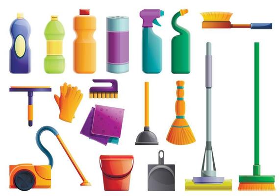 Cleaner equipment icons set, cartoon style