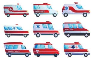 Ambulance icons set, cartoon style vector