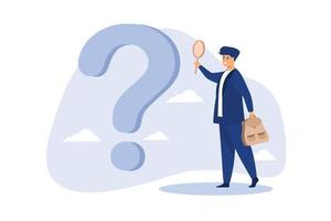 Problem and root cause analysis, research and leadership skill to find solution or answer for business problem concept, smart businessman analyst using magnifying glass to analyze question mark sign.