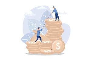 hombre ayudando a otro a subir a la cima de las monedas, gestión de inversiones, crecimiento profesional hacia el éxito, apoyo y motivación, trabajo en equipo, análisis de negocios, ilustración moderna de diseño plano vector