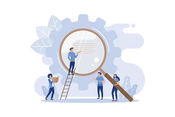 search of thoughts, business mechanism, abstract background with gears, people are engaged in business promotion, strategy analysis, communication. flat design modern illustration