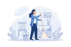 personaje de dibujos animados de mujer o niña lavando un piso con un trapeador, limpieza familiar de primavera y hogar. ilustración vectorial plana vector