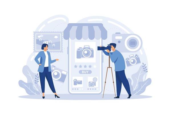 Online shopping web banner concept. E-commerce, customer on the sale. App on mobile phone. Photo store.